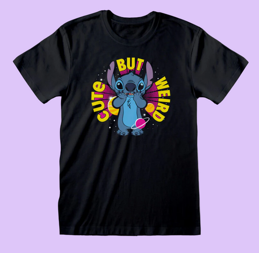 Black t-shirt with Disney Stitch character and Cute But Weird Text around stitch, short sleeve top, laying on a violet backdrop 
