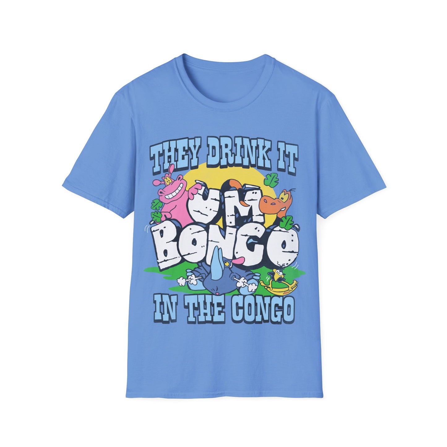 Blue short sleeve official Um Bongo T-shirt colourful 80s tropical juice drink cartoon animals with They drink it in the congo text and Um bongo logo
