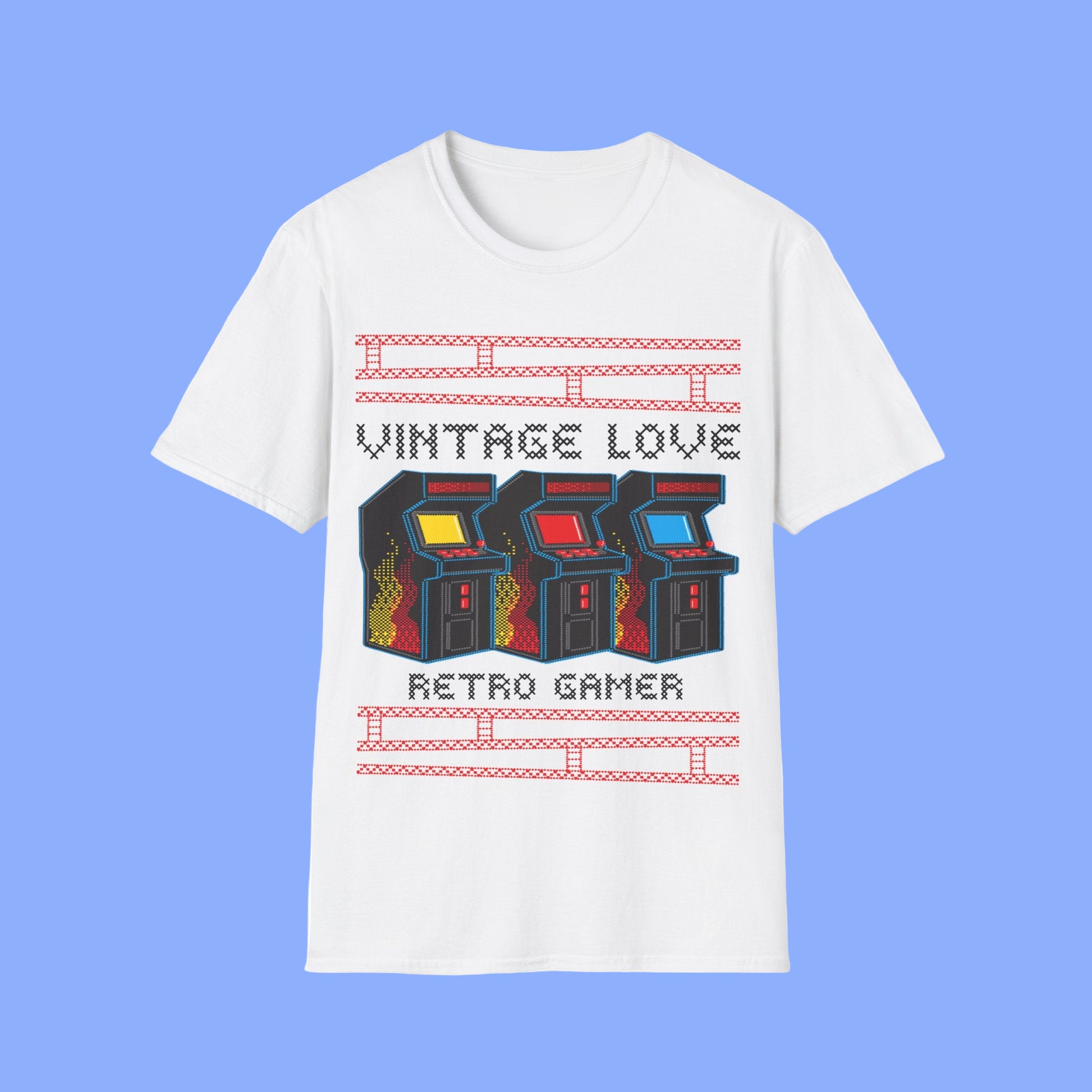 White t-shirt with retro arcade game design and Vintage Love Retro Gamer text on a white background