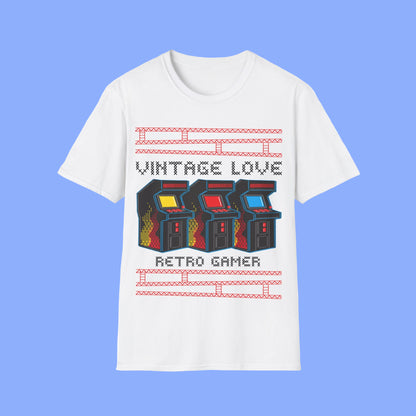 White t-shirt with retro arcade game design and Vintage Love Retro Gamer text on a white background