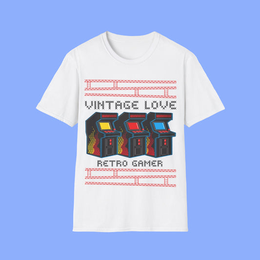 White t-shirt with retro arcade game design and Vintage Love Retro Gamer text on a white background