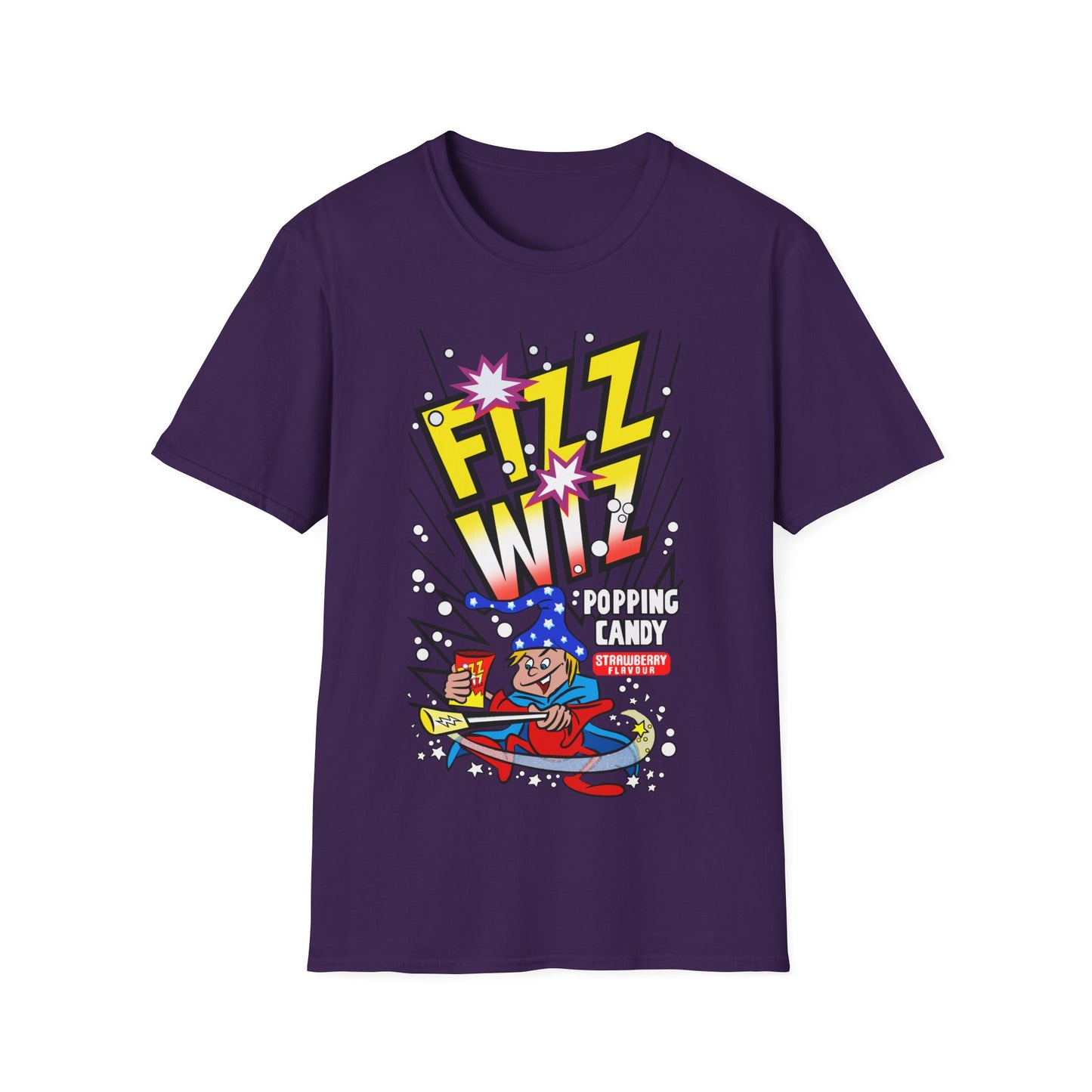 Purple t-shirt with 'Fizz Wiz' candy graphic on a white background