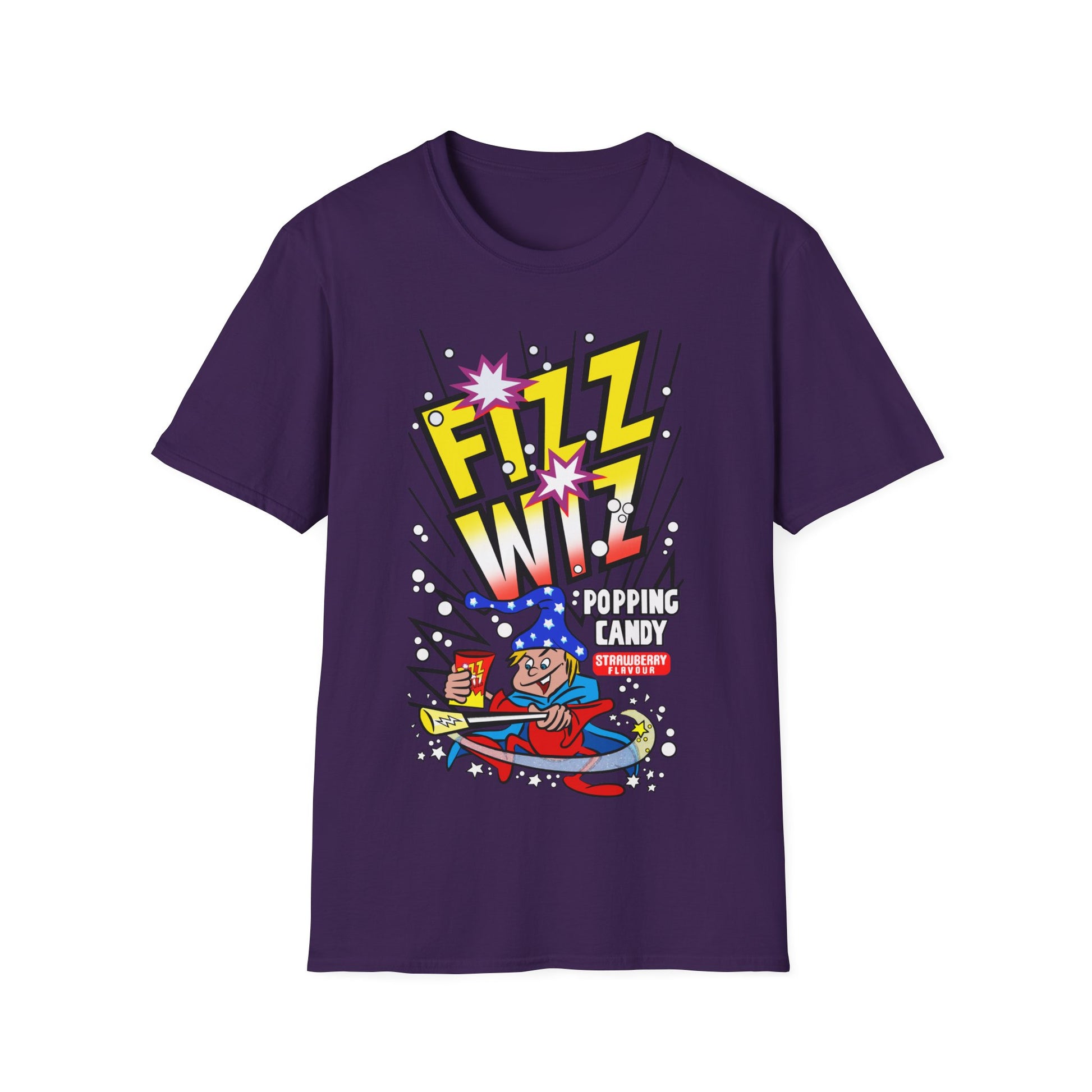 Purple t-shirt with 'Fizz Wiz' candy graphic on a white background