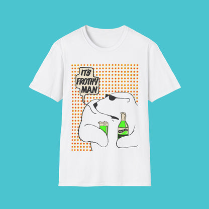 Retro White t-shirt with a bear holding beer bottles and "Its Frothy Man" text on a white background