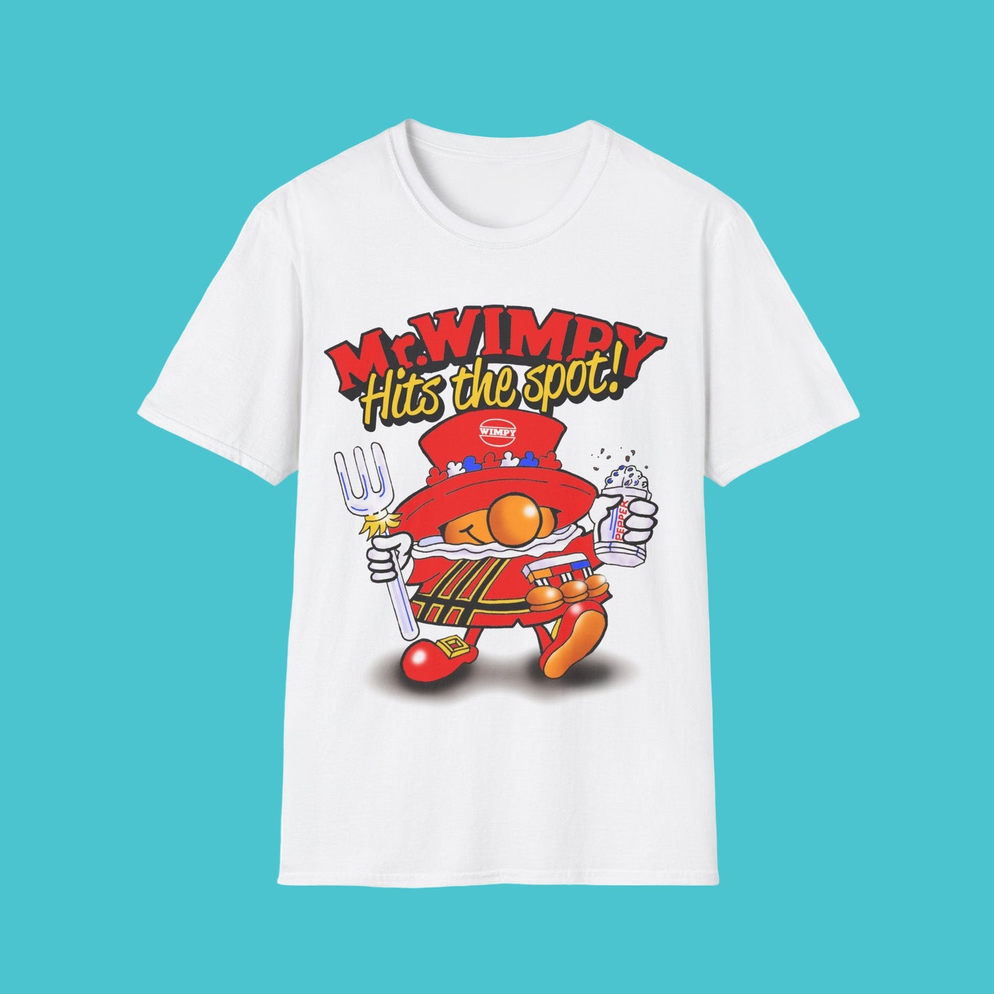 White t-shirt with cartoon Fast Food character holding a fork and text 'Mr Wimpy Hits the spot!' 