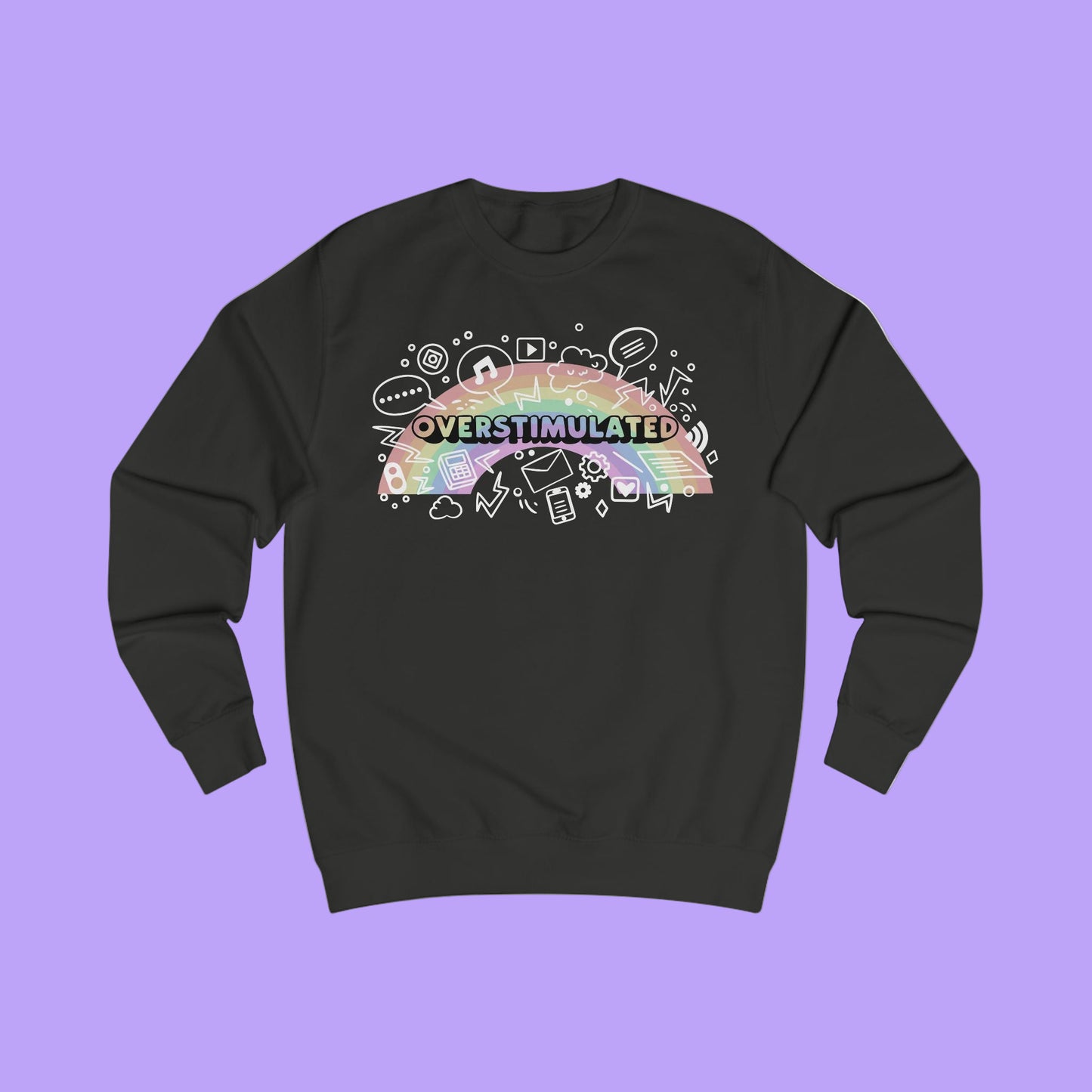 Black sweatshirt with colorful 'OVERSTIMULATED' graphic design with rainbow background