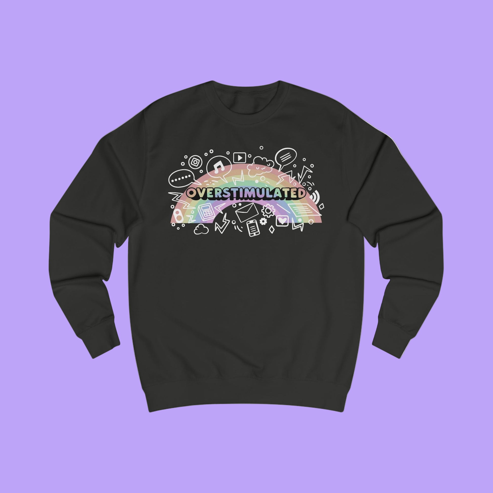 Black sweatshirt with colorful 'OVERSTIMULATED' graphic design with rainbow background