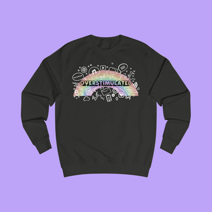 Black sweatshirt with colorful 'OVERSTIMULATED' graphic design with rainbow background