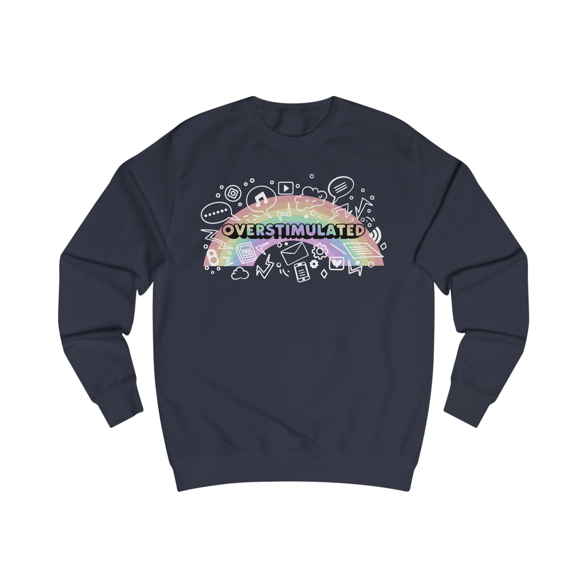 Navy blue sweatshirt with colorful 'OVERSTIMULATED' graphic design with rainbow background