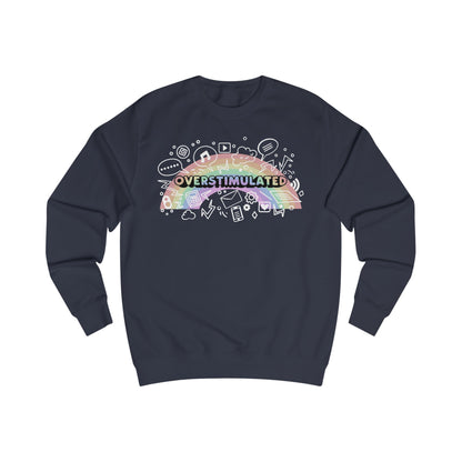 Navy blue sweatshirt with colorful 'OVERSTIMULATED' graphic design with rainbow background