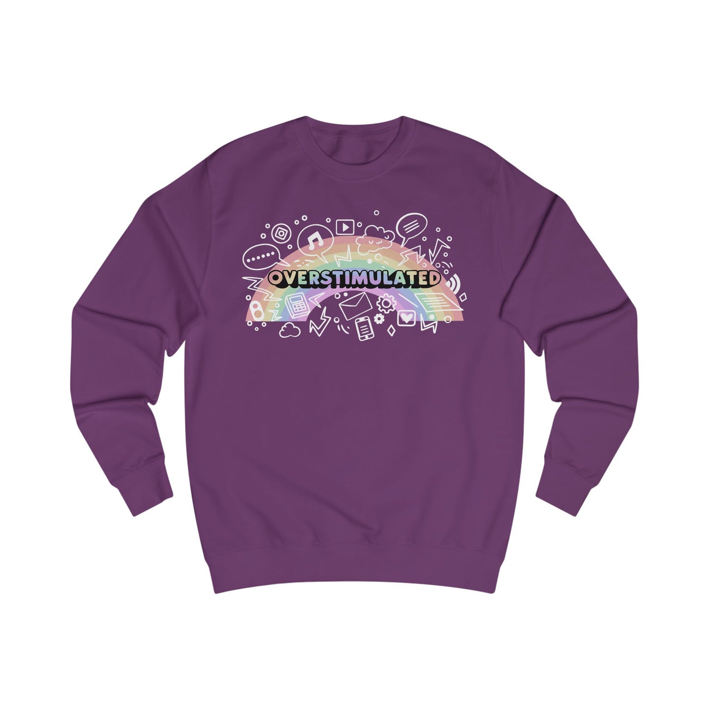 Purple sweatshirt with colorful 'OVERSTIMULATED' graphic design with rainbow background