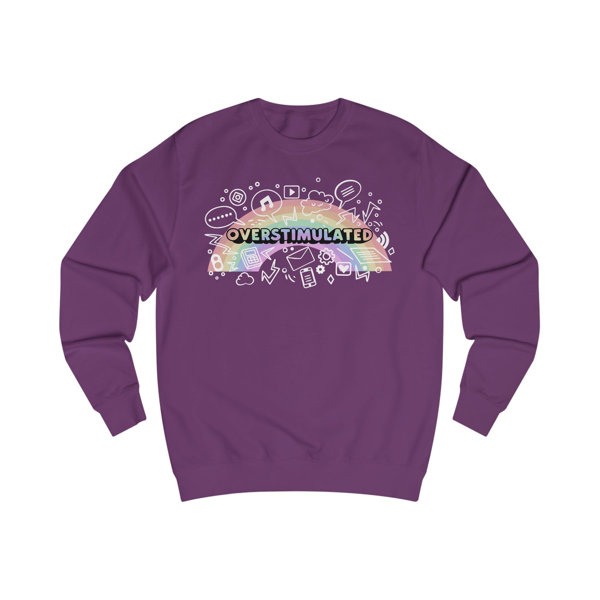 Purple sweatshirt with colorful 'OVERSTIMULATED' graphic design with rainbow background