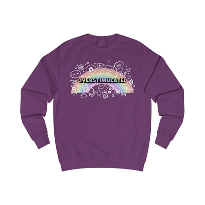 Purple sweatshirt with colorful 'OVERSTIMULATED' graphic design with rainbow background