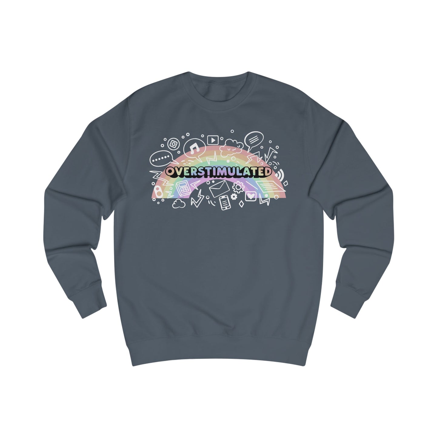 Gray sweatshirt with colorful 'OVERSTIMULATED' graphic design with rainbow background
