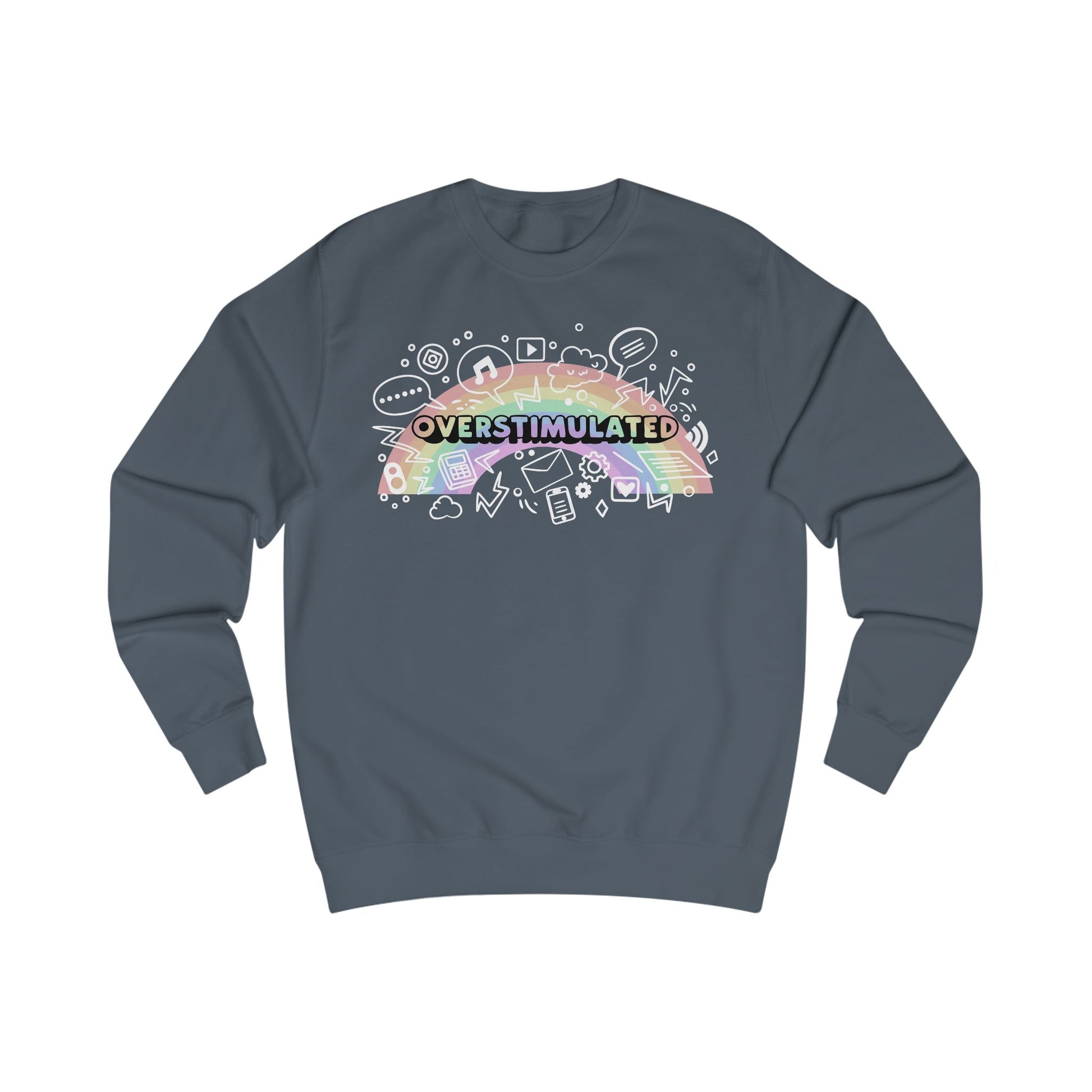 Gray sweatshirt with colorful 'OVERSTIMULATED' graphic design with rainbow background