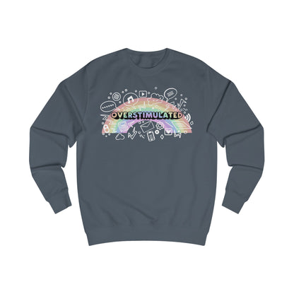 Gray sweatshirt with colorful 'OVERSTIMULATED' graphic design with rainbow background