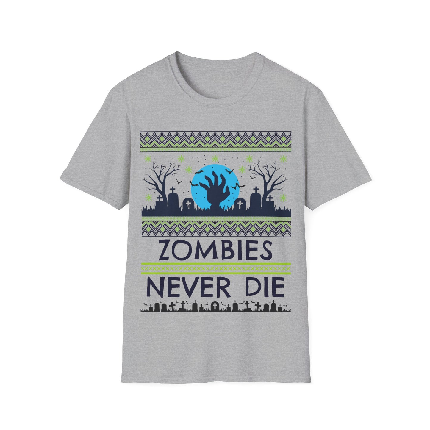 Gray t-shirt with zombie-themed graphic and 'Zombies Never Die' text on a white background