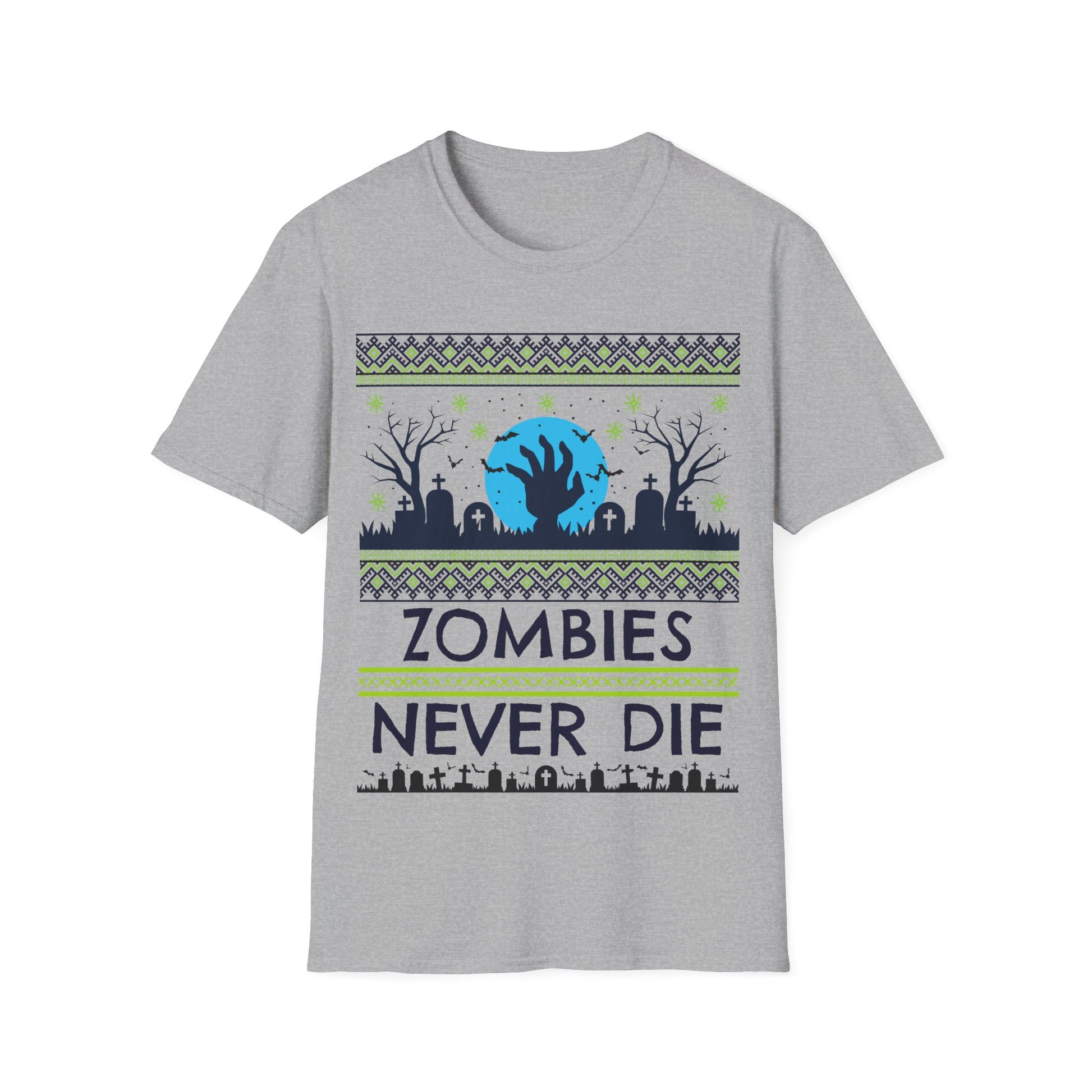 Gray t-shirt with zombie-themed graphic and 'Zombies Never Die' text on a white background