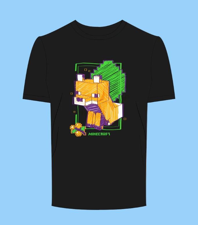Black t-shirt with a Minecraft Fox character graphic on a white background