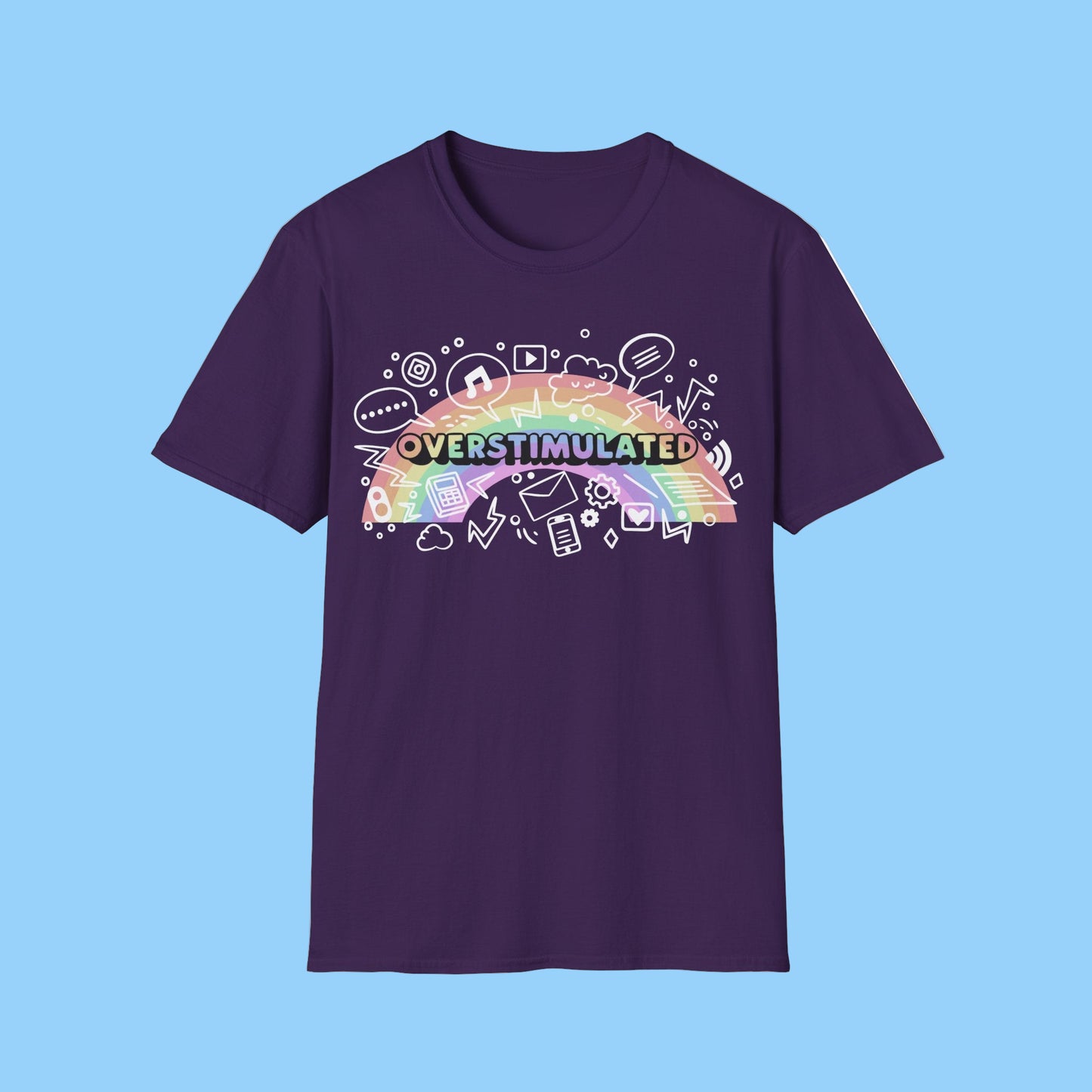 Purple t-shirt with a colorful 'OVERSTIMULATED' graphic design on a white background