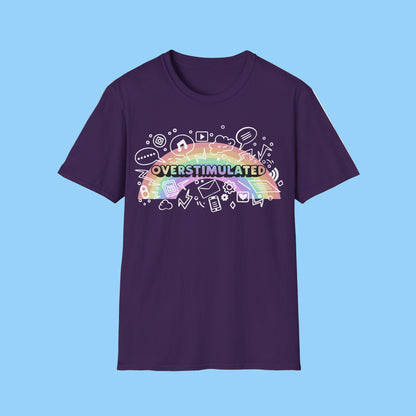 Purple t-shirt with a colorful 'OVERSTIMULATED' graphic design on a white background