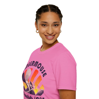 Person wearing a pink t-shirt with 'Fingermouse Fanclub 1985' graphic design on a white background