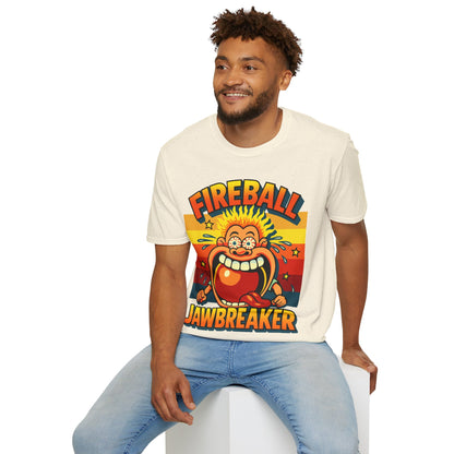 Person wearing a natural t-shirt with a colorful 80s Fireball Jawbreaker graphic design on a white background