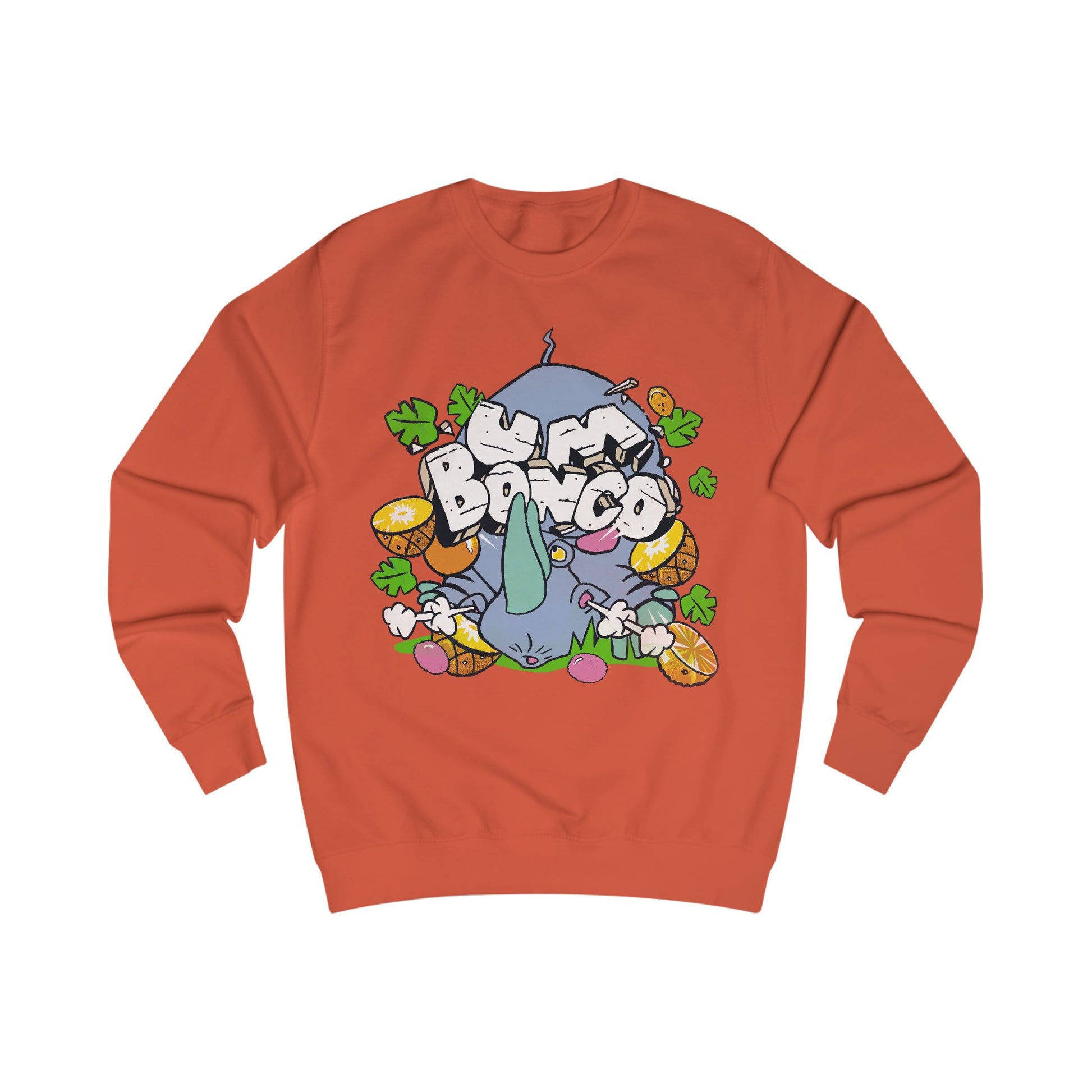 Official Um Bongo Hippo burnt orange  sweatshirt with colourful graphic Rhino  design, Exclusive to Retro Tees