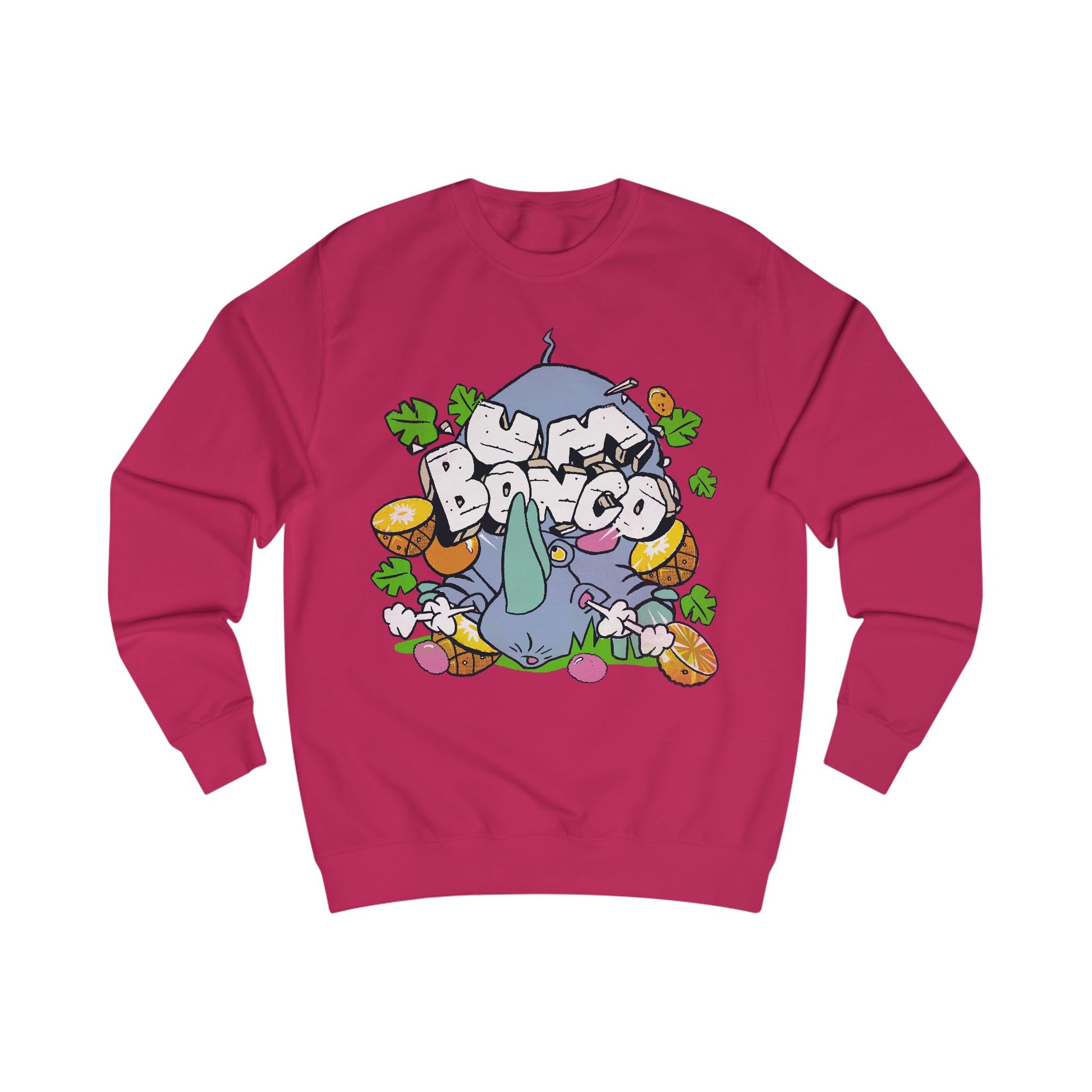 Official Um Bongo Hippo cranberry  sweatshirt with colourful graphic Rhino  design, Exclusive to Retro Tees