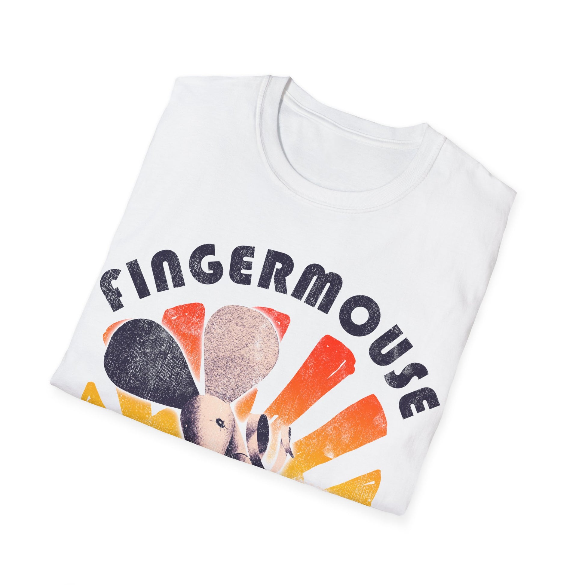 Folded white t-shirt with 'Fingermouse' design on a white background