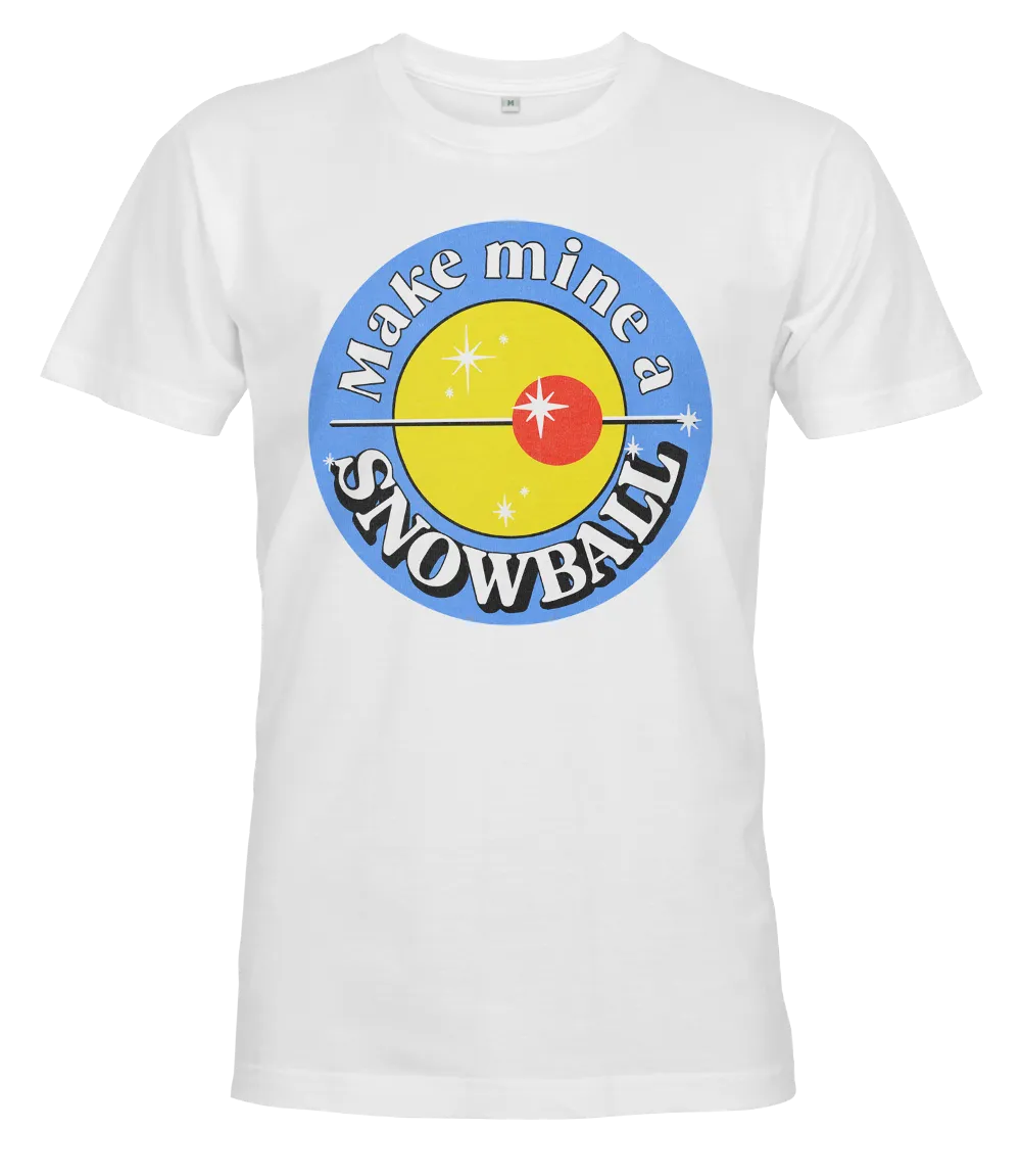Retro Tees unisex short sleeve white t-shirt featuring Make Mine A Snowball sticker design print. The perfect festive party drink top