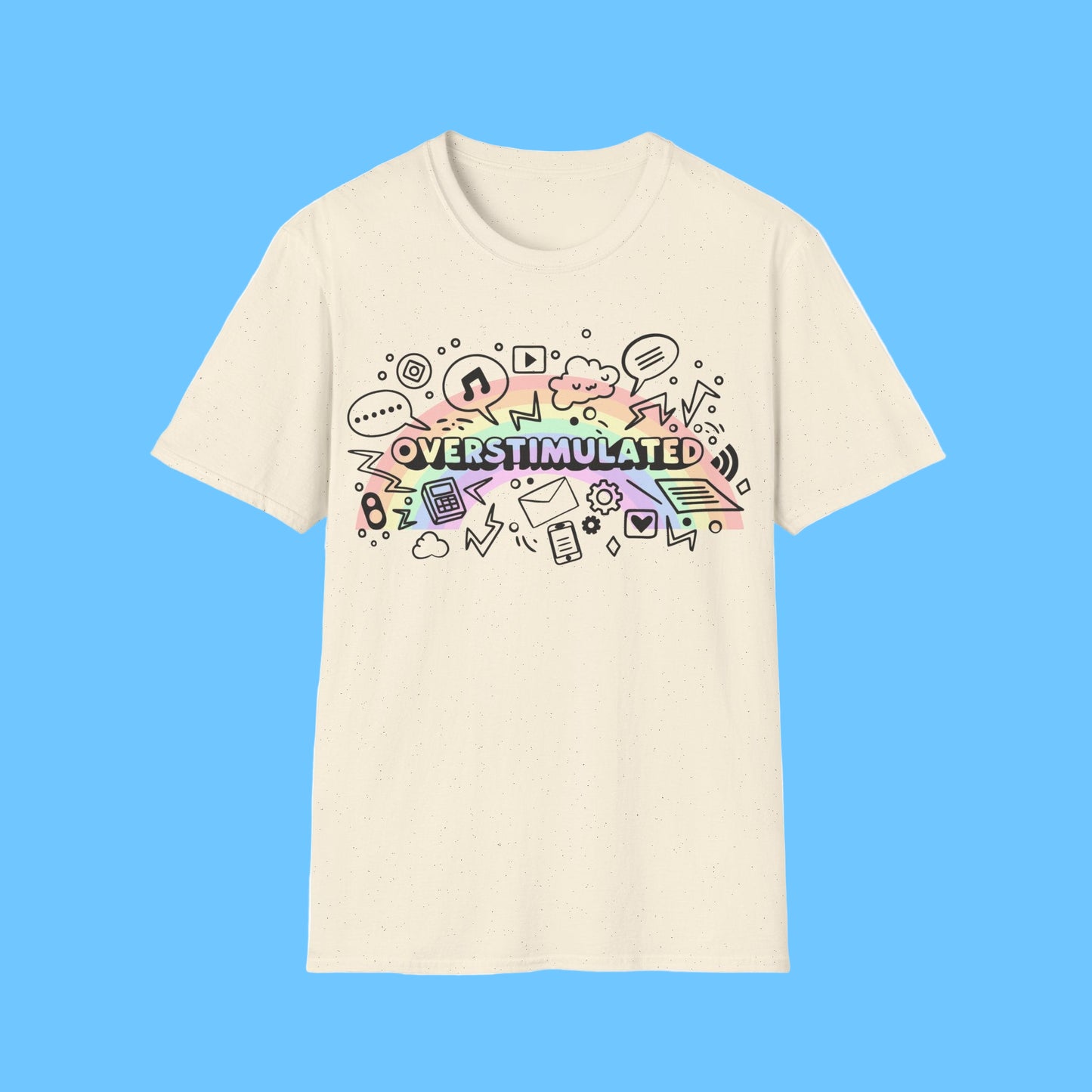 Beige t-shirt with colorful 'OVERSTIMULATED' graphic design on a white background