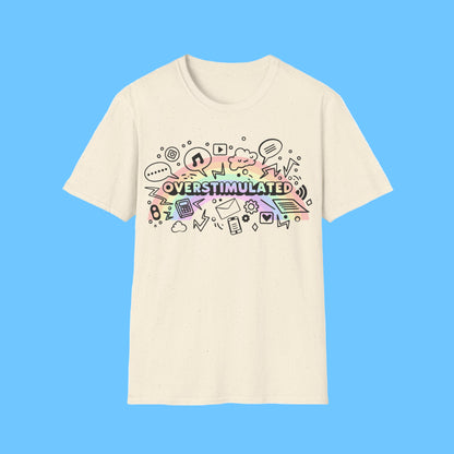 Beige t-shirt with colorful 'OVERSTIMULATED' graphic design on a white background