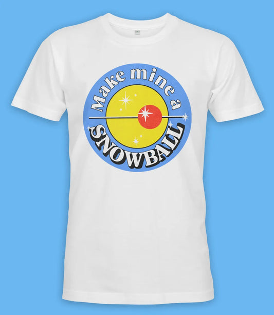 Retro Tees unisex short sleeve white t-shirt featuring Make Mine A Snowball sticker design print. The perfect festive party drink top