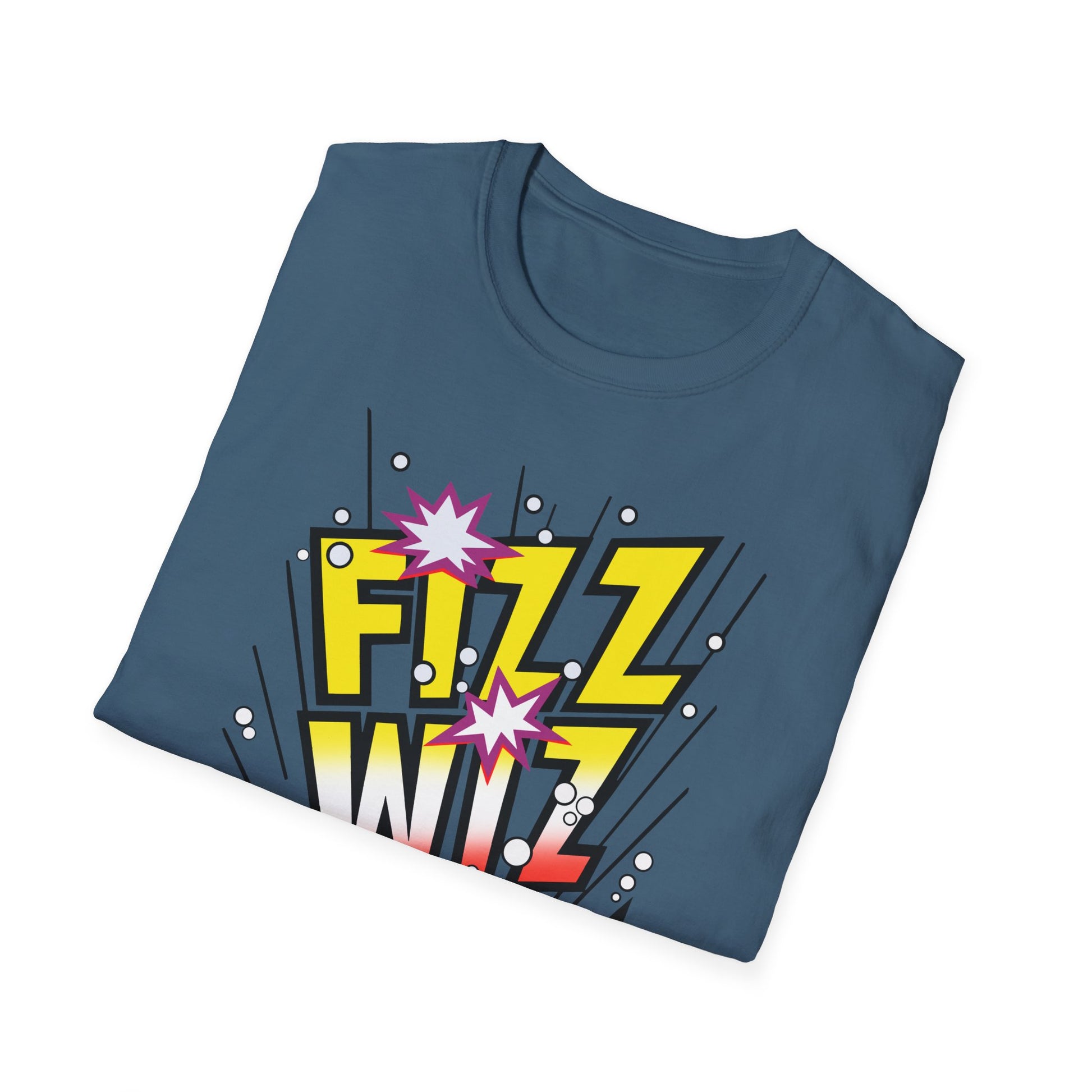 Folded blue t-shirt with 'Fizz Wiz' graphic design on a white background