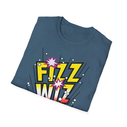 Folded blue t-shirt with 'Fizz Wiz' graphic design on a white background