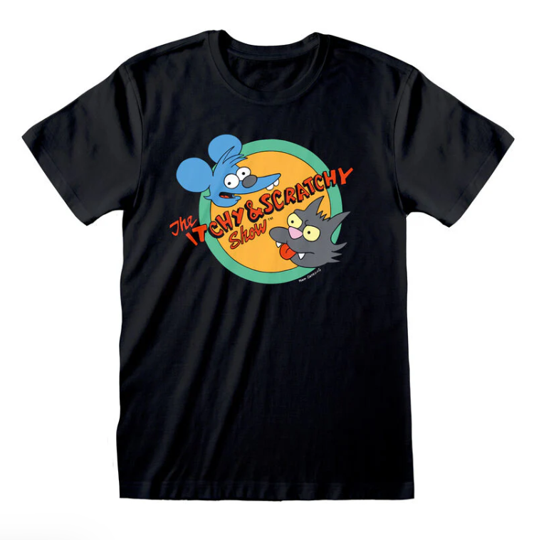 Black t-shirt with a colourful Itchy & Scratchy show logo graphic on a white background