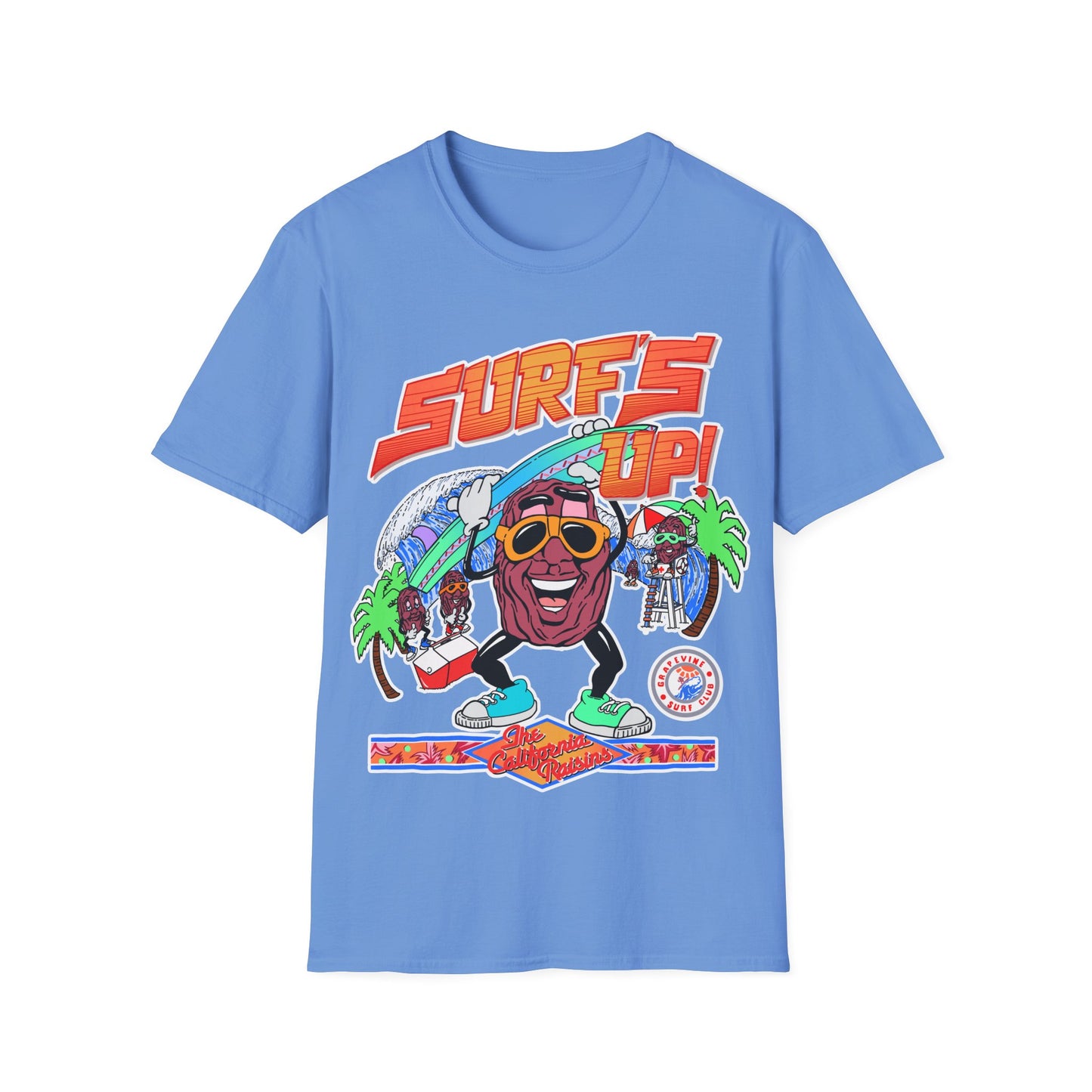 Blue t-shirt with a colourful graphic design featuring a Raisin character and 'Surf's Up!' text 