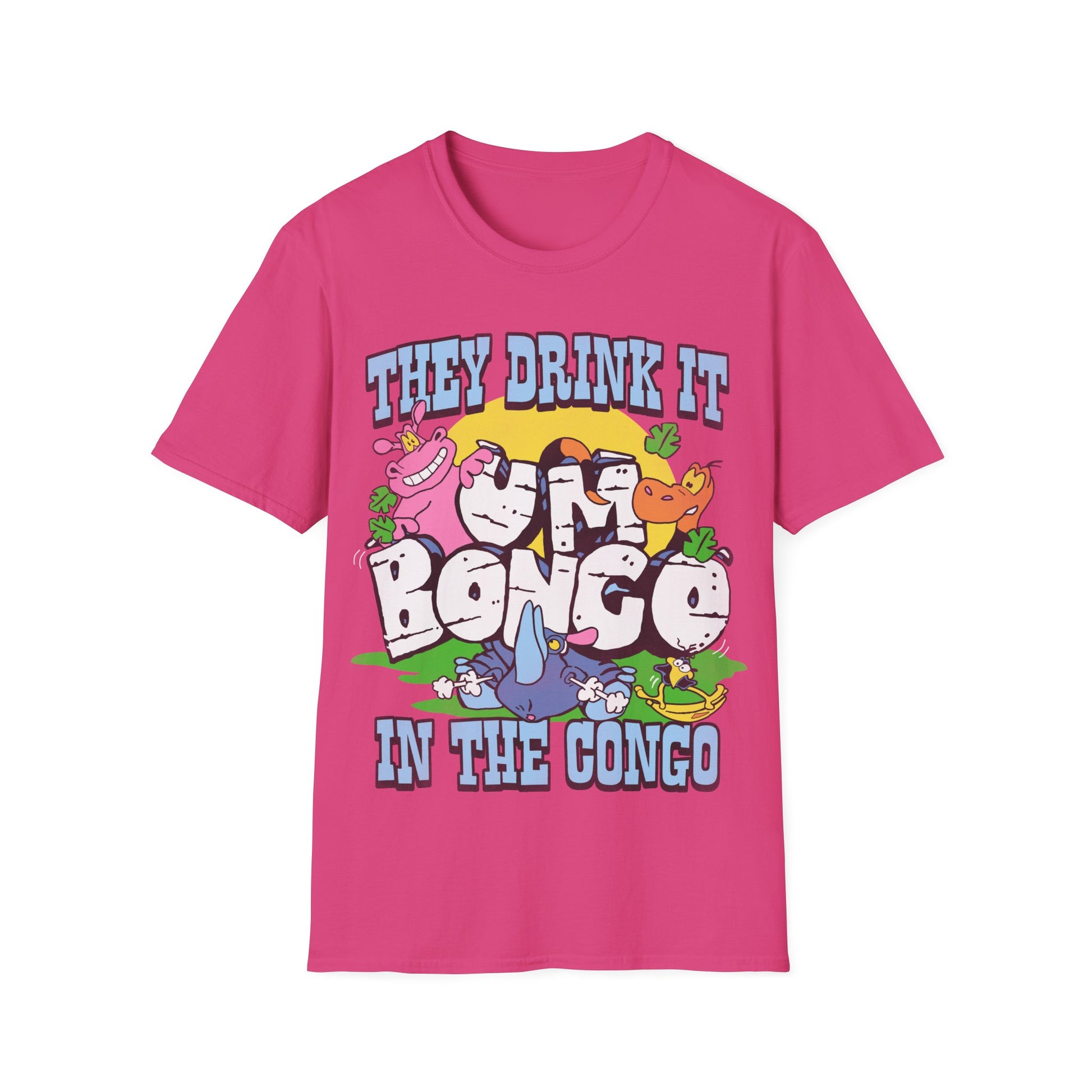 Pink short sleeve official Um Bongo T-shirt colourful 80s tropical juice drink cartoon animals with They drink it in the congo text and Um bongo logo