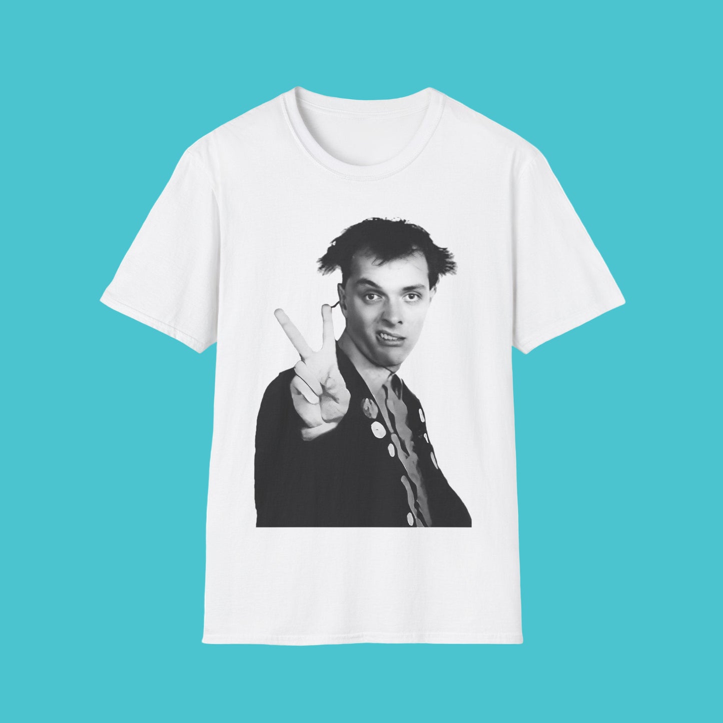 White t-shirt with a graphic of a person making a peace sign on a white background
