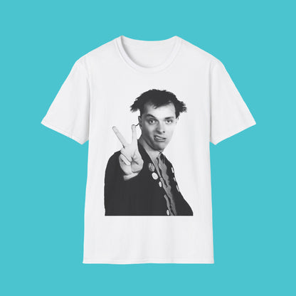 White t-shirt with a graphic of a person making a peace sign on a white background