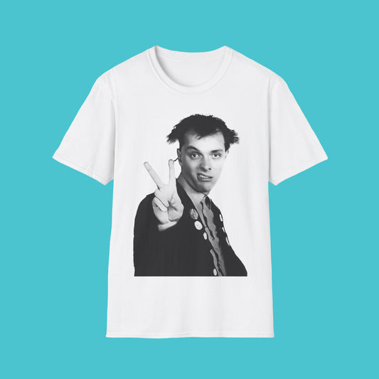 White t-shirt with a graphic of a person making a peace sign on a white background