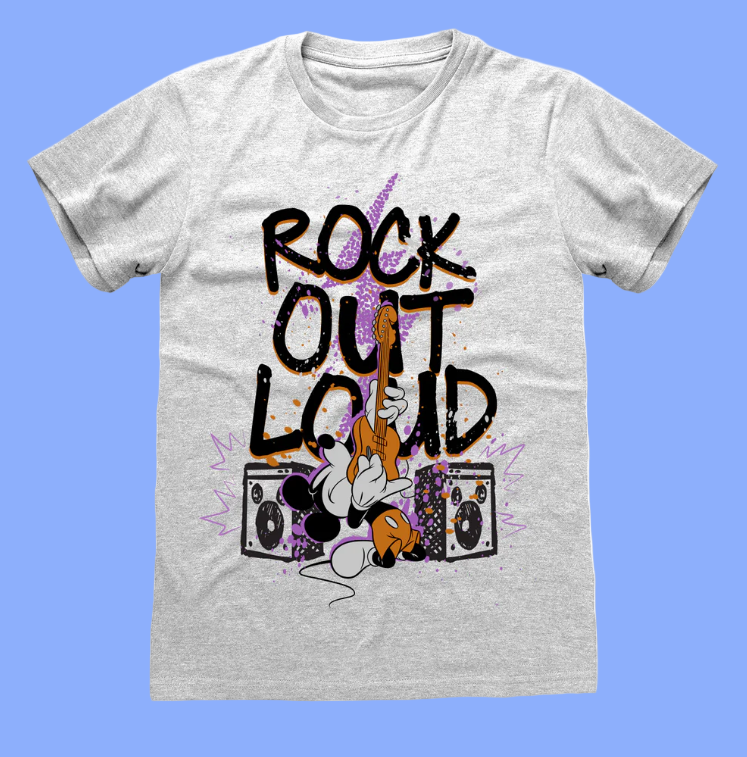 Disney Grey t-shirt with 'Rock Out Loud' graphic design featuring Mickey Mouse on guitar