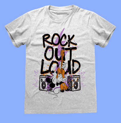 Disney Grey t-shirt with 'Rock Out Loud' graphic design featuring Mickey Mouse on guitar