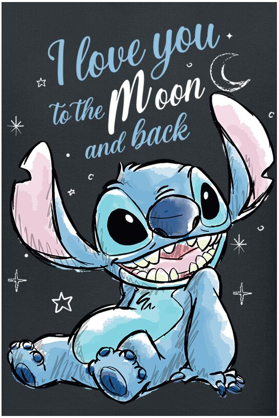 Disney Cartoon character Stitch with 'I love you to the moon and back' text on a dark background