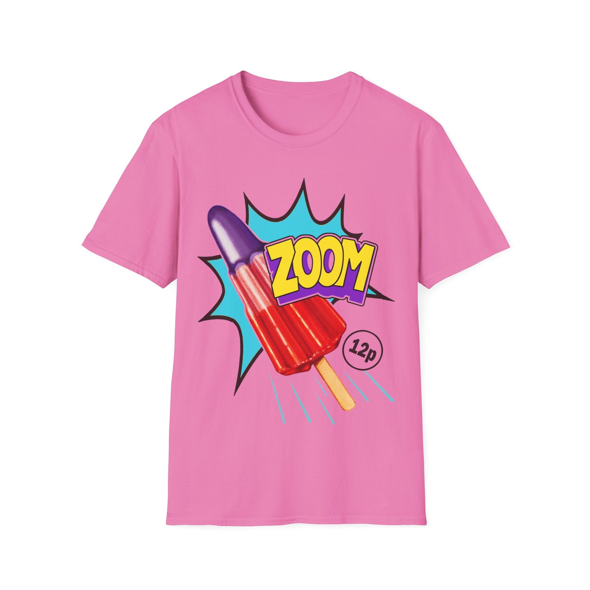Pink t-shirt with a popsicle graphic and 'ZOOM' text on a white background