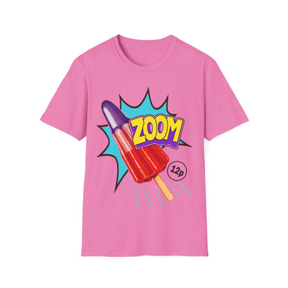 Pink t-shirt with a popsicle graphic and 'ZOOM' text on a white background
