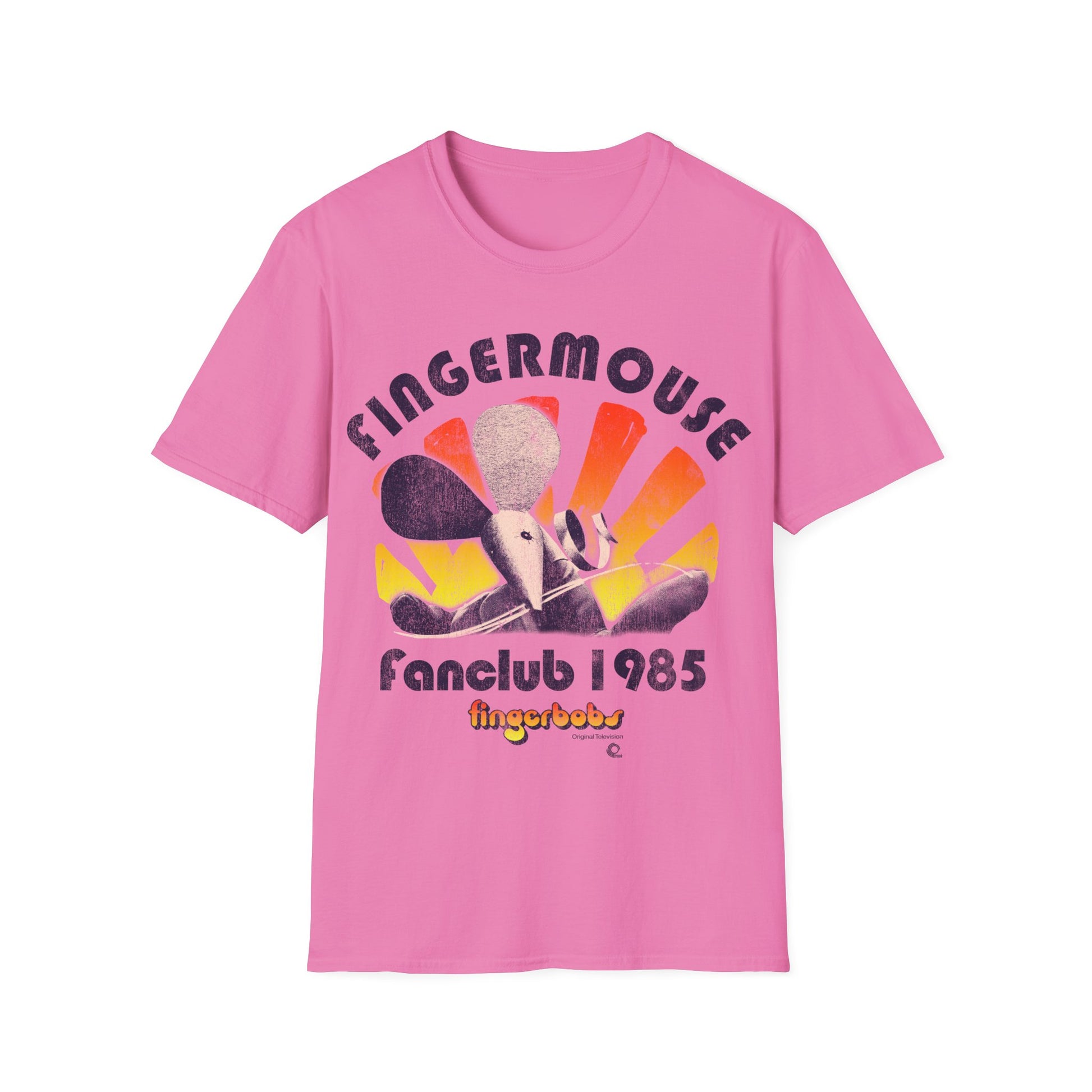 Pink t-shirt with 'Fingermouse Fanclub 1985' graphic design on a white background