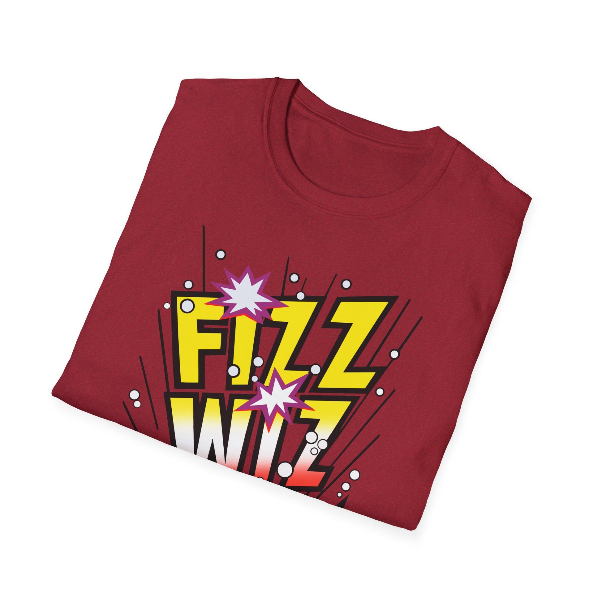 Folded red t-shirt with 'Fizz Wiz' graphic design on a white background