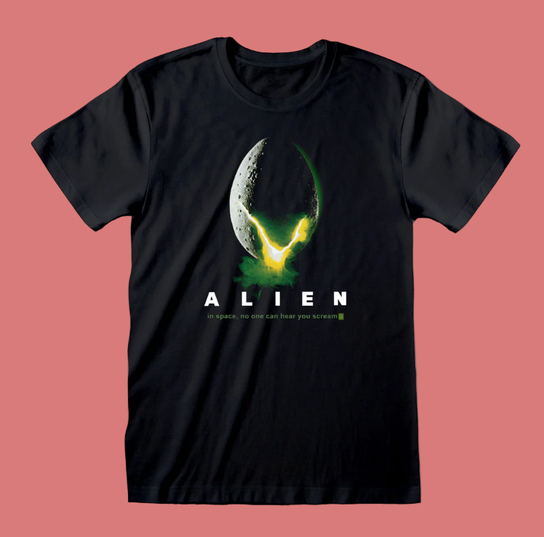Black t-shirt with 'Alien' graphic design on a white background